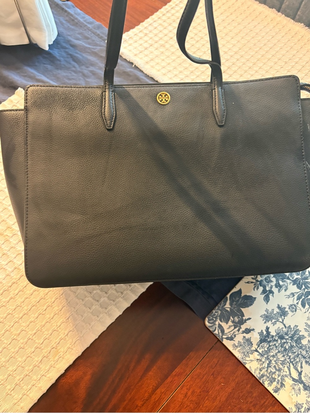 Tory Burch Black Pebbled Leather Tote with Gold Logo